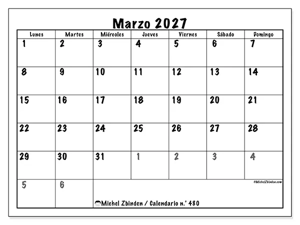 Calendario de marzo de 2027 para imprimir - Planificación completa