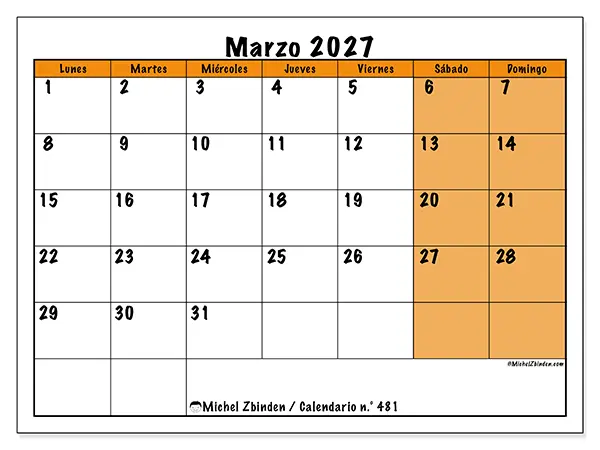 Calendario de marzo de 2027 para imprimir - Planificación dinámica