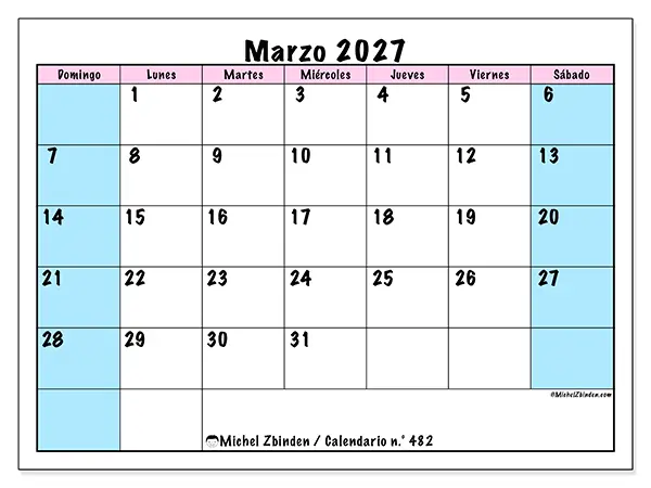 Calendario de marzo de 2027 para imprimir - Horario de equipo - Semana de domingo a sábado