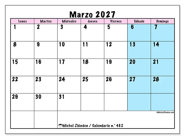 Calendario de marzo de 2027 para imprimir - Horario de equipo