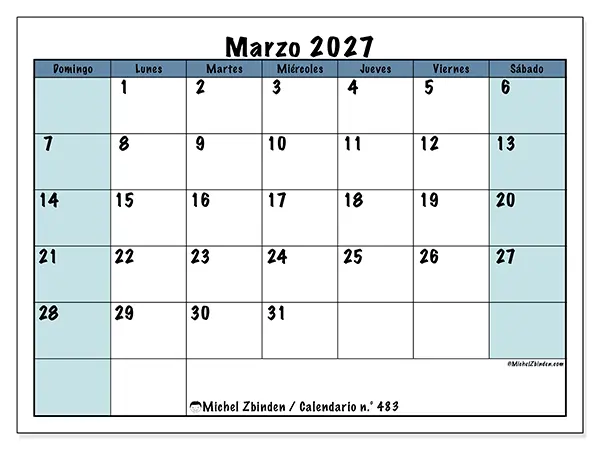 Calendario de marzo de 2027 para imprimir - Estructura para la escuela - Semana de domingo a sábado