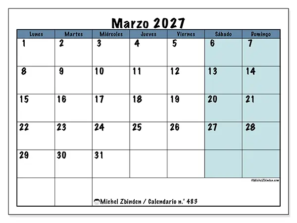 Calendario de marzo de 2027 para imprimir - Estructura para la escuela