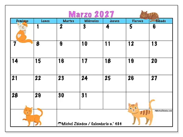 Calendario de marzo de 2027 para imprimir - Amor por los gatos - Semana de domingo a sábado