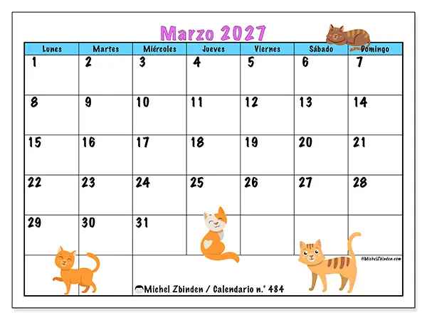 Calendario de marzo de 2027 para imprimir - Amor por los gatos