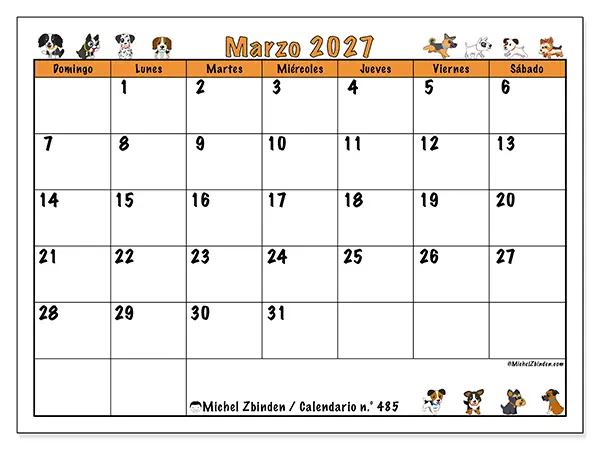 Calendario de marzo de 2027 para imprimir - Perros entusiastas - Semana de domingo a sábado