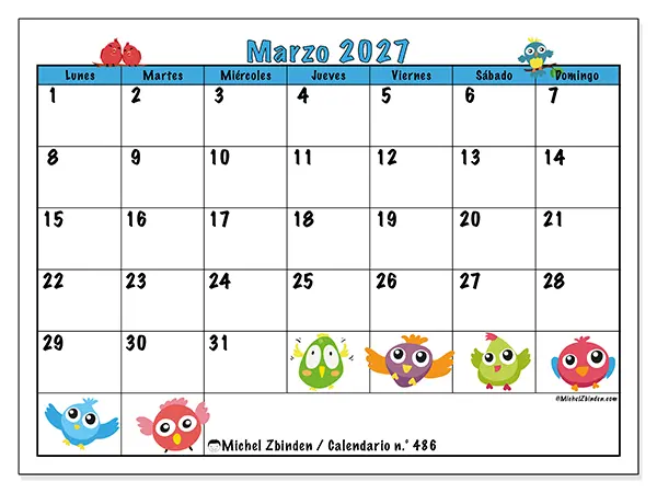 Calendario de marzo de 2027 para imprimir - Pájaros divertidos