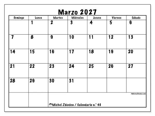 Calendario de marzo de 2027 para imprimir - Eficiencia diaria - Semana de domingo a sábado
