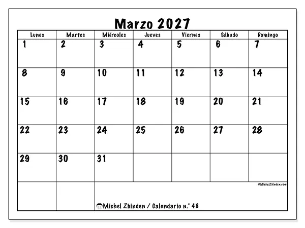 Calendario de marzo de 2027 para imprimir - Eficiencia diaria