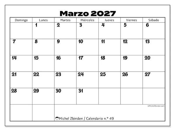 Calendario de marzo de 2027 para imprimir - Coordinación productiva - Semana de domingo a sábado