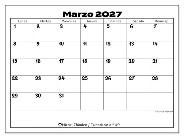 Calendario de marzo de 2027 para imprimir - Coordinación productiva