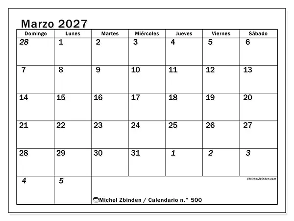 Calendario de marzo de 2027 para imprimir - Planificación intensiva - Semana de domingo a sábado