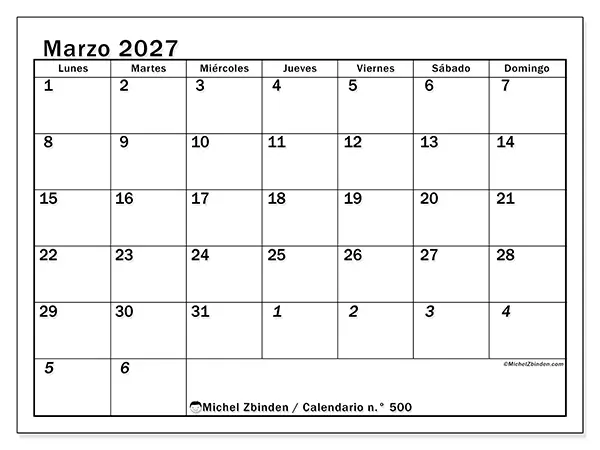 Calendario de marzo de 2027 para imprimir - Planificación intensiva