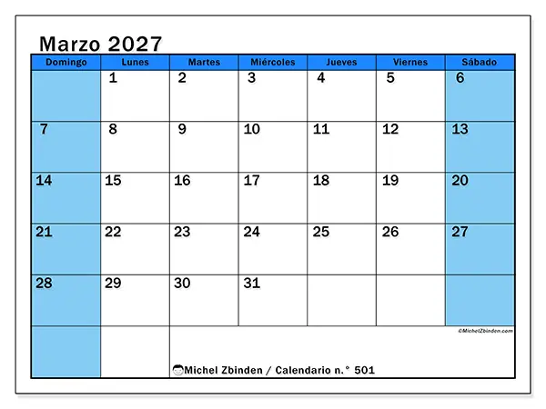 Calendario de marzo de 2027 para imprimir - Estudios dinámicos - Semana de domingo a sábado