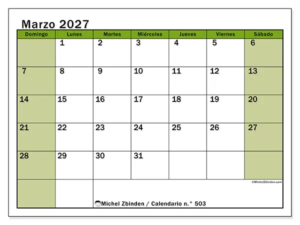 Calendario de marzo de 2027 para imprimir - Organización viva - Semana de domingo a sábado