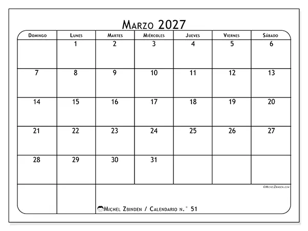 Calendario de marzo de 2027 para imprimir - Planificador de comidas - Semana de domingo a sábado