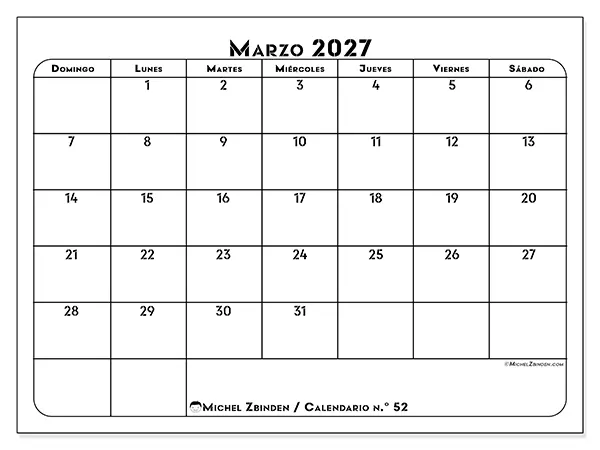 Calendario de marzo de 2027 para imprimir - Organización profesional - Semana de domingo a sábado