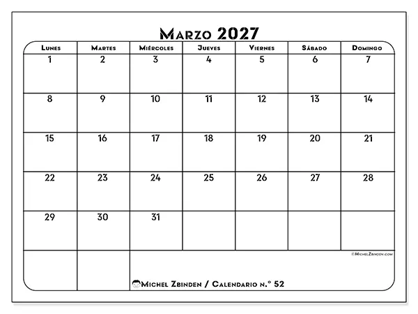 Calendario de marzo de 2027 para imprimir - Organización profesional