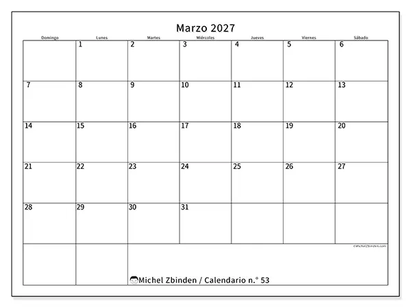 Calendario de marzo de 2027 para imprimir - Horario eficiente - Semana de domingo a sábado