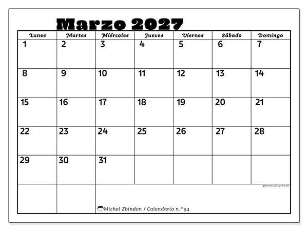 Calendario de marzo de 2027 para imprimir - Actividades en familia
