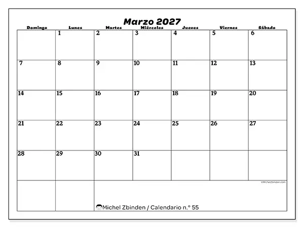 Calendario de marzo de 2027 para imprimir - Organización del ocio - Semana de domingo a sábado