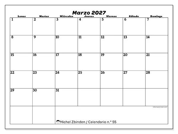 Calendario de marzo de 2027 para imprimir - Organización del ocio