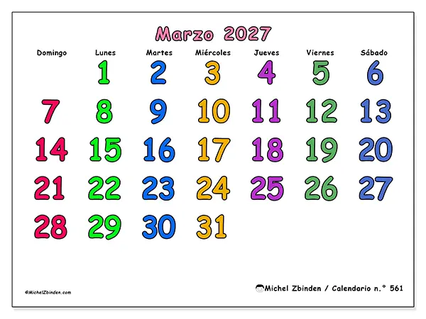 Calendario de marzo de 2027 para imprimir - Momentos creativos - Semana de domingo a sábado