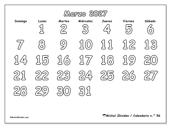 Calendario de marzo de 2027 para imprimir - Colorear útil - Semana de domingo a sábado
