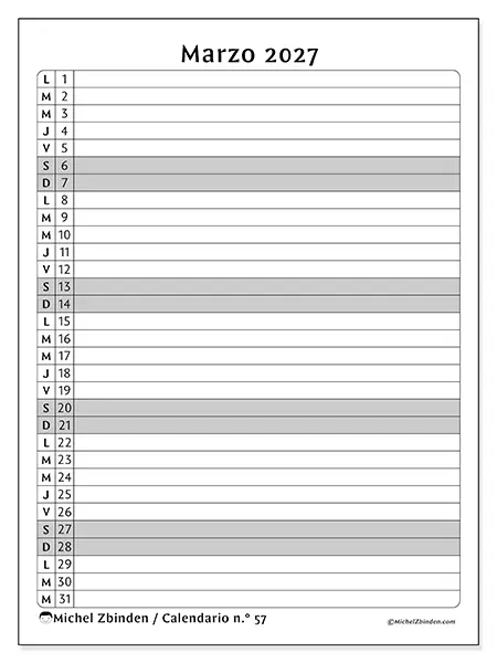 Calendario de marzo de 2027 para imprimir - Lista de actividades