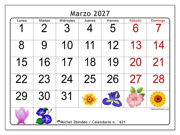Calendario de marzo de 2027 para imprimir - Flores grandes