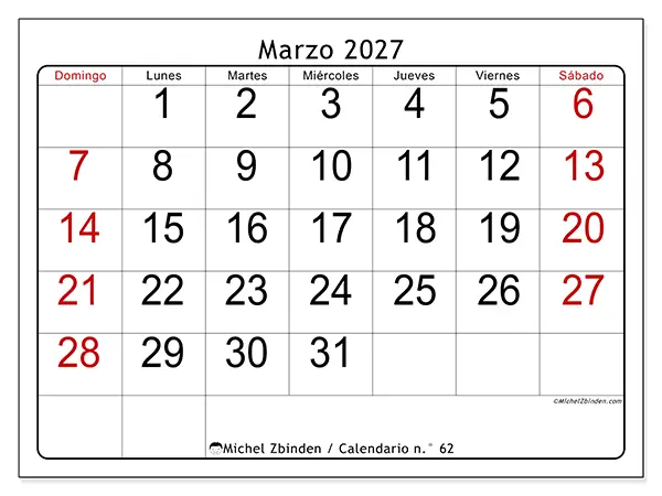 Calendario de marzo de 2027 para imprimir - Lectura rápida - Semana de domingo a sábado