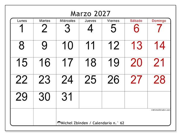 Calendario de marzo de 2027 para imprimir - Lectura rápida