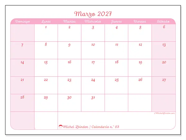 Calendario de marzo de 2027 para imprimir - Organización en suavidad - Semana de domingo a sábado