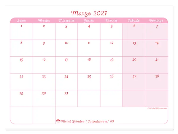Calendario de marzo de 2027 para imprimir - Organización en suavidad