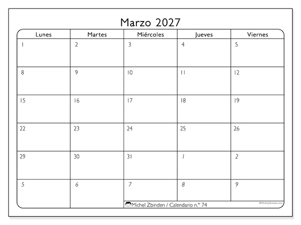 Calendario de marzo de 2027 para imprimir - Organización del trabajo