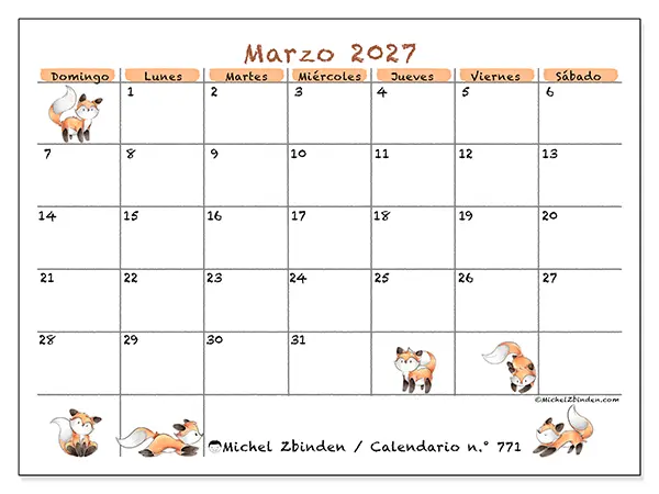 Calendario de marzo de 2027 para imprimir - Dibujos de zorros - Semana de domingo a sábado