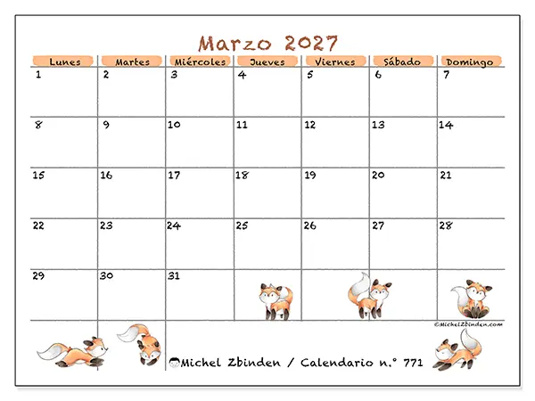 Calendario de marzo de 2027 para imprimir - Dibujos de zorros