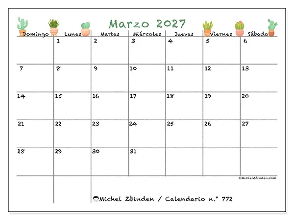 Calendario de marzo de 2027 para imprimir - Cactus decorativos - Semana de domingo a sábado