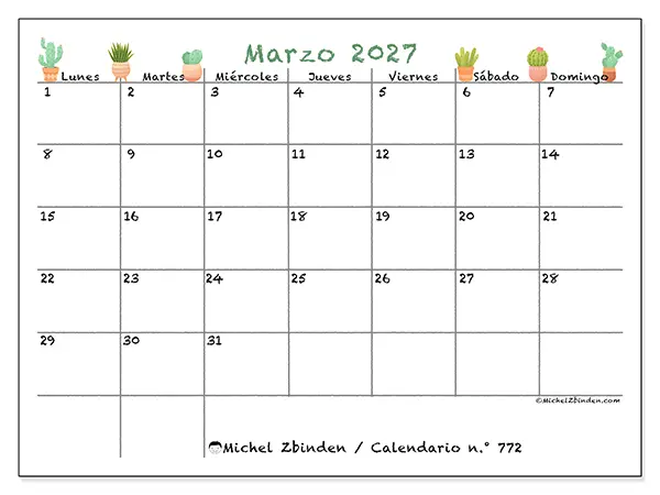 Calendario de marzo de 2027 para imprimir - Cactus decorativos