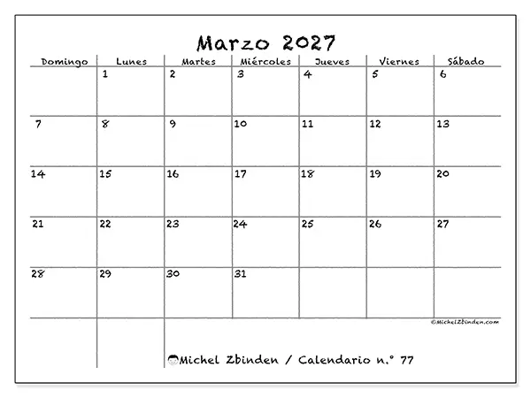 Calendario de marzo de 2027 para imprimir - Escuela y familia - Semana de domingo a sábado