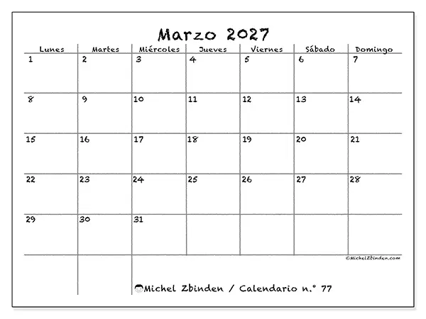 Calendario de marzo de 2027 para imprimir - Escuela y familia