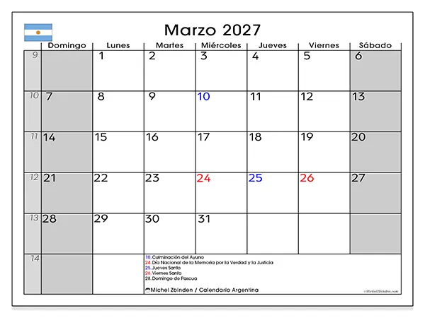 Calendario de marzo de 2027 para imprimir - Argentina
