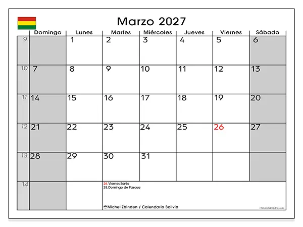 Calendario de marzo de 2027 para imprimir - Bolivia