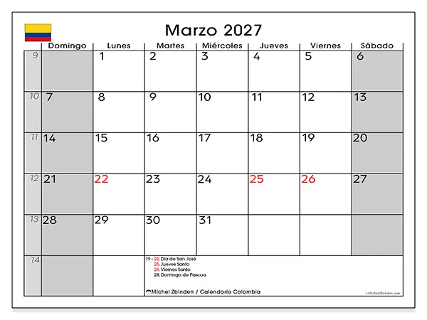 Calendario de marzo de 2027 para imprimir - Colombia