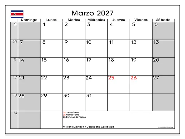 Calendario de marzo de 2027 para imprimir - Costa Rica
