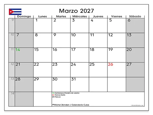 Calendario de marzo de 2027 para imprimir - Cuba