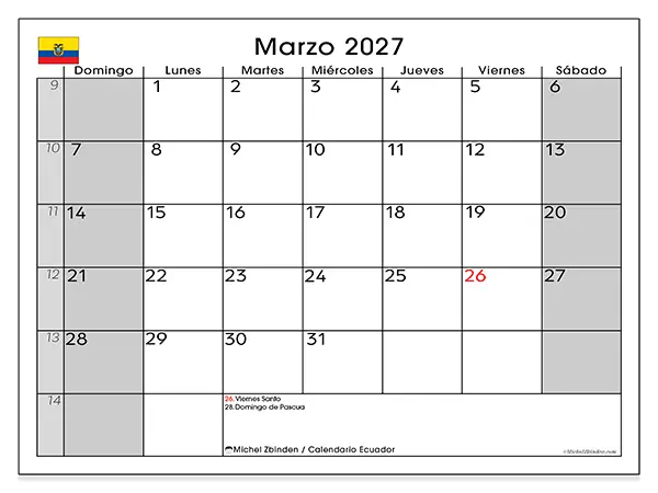 Calendario de marzo de 2027 para imprimir - Ecuador