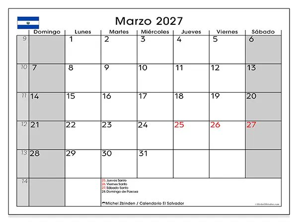 Calendario de marzo de 2027 para imprimir - El Salvador