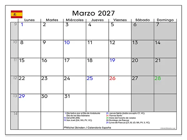 Calendario de marzo de 2027 para imprimir - España