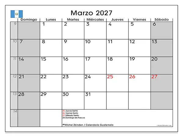 Calendario de marzo de 2027 para imprimir - Guatemala