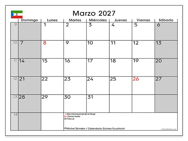 Calendario de marzo de 2027 para imprimir - Guinea Ecuatorial